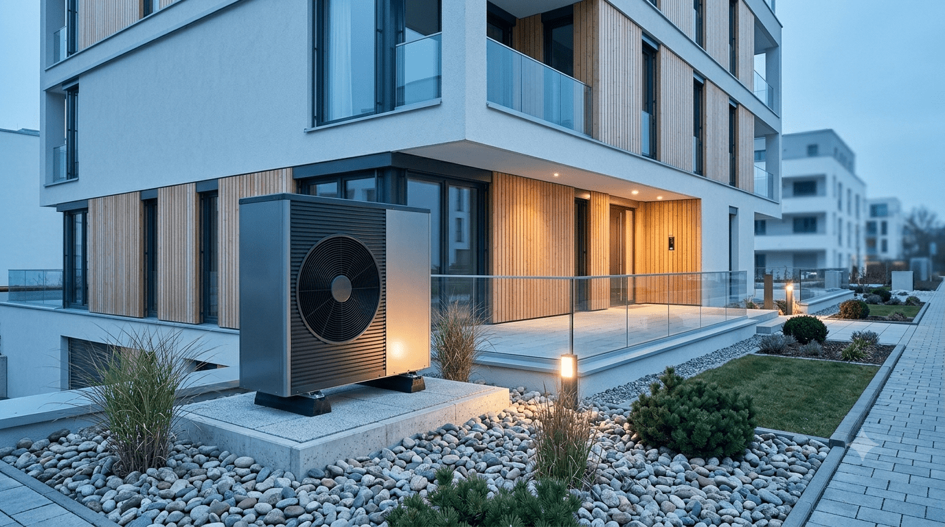 Wärmepumpe von OMI Kälte-Klima vor modernem Haus im Raum Köln und Bonn